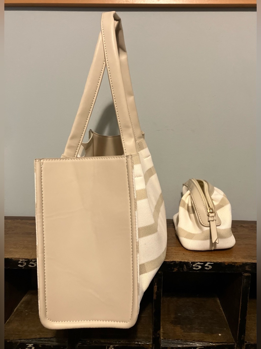 Neiman Marcus Ecru Stripe Woven Tote & Small Zip Pouch - Picture 2 of 6